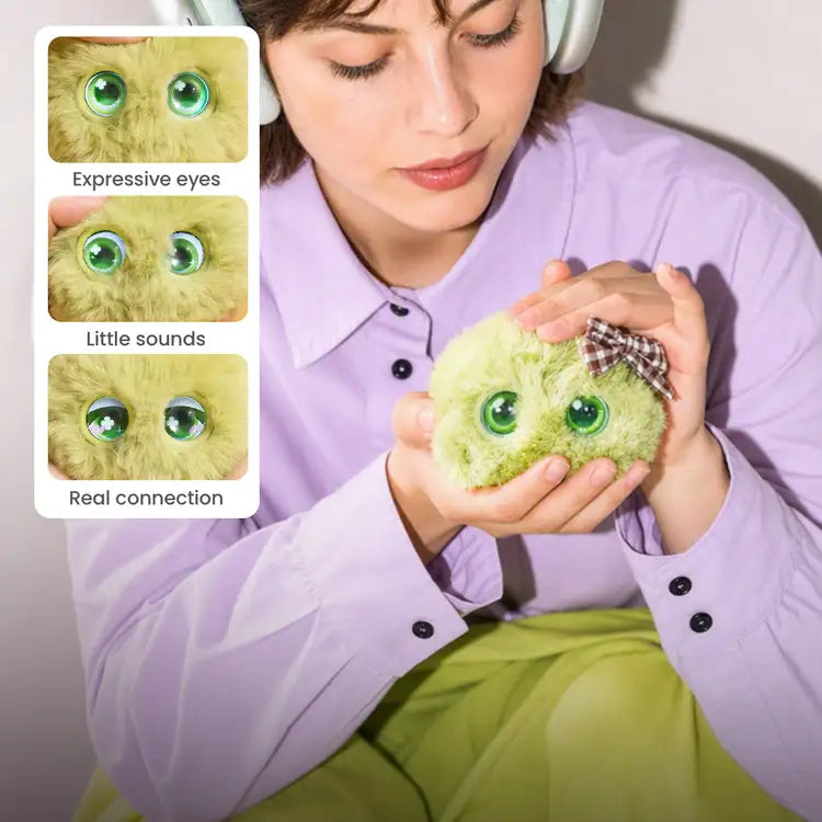 A person gently patting a green Fuzozo, with close-ups of its expressive eyes