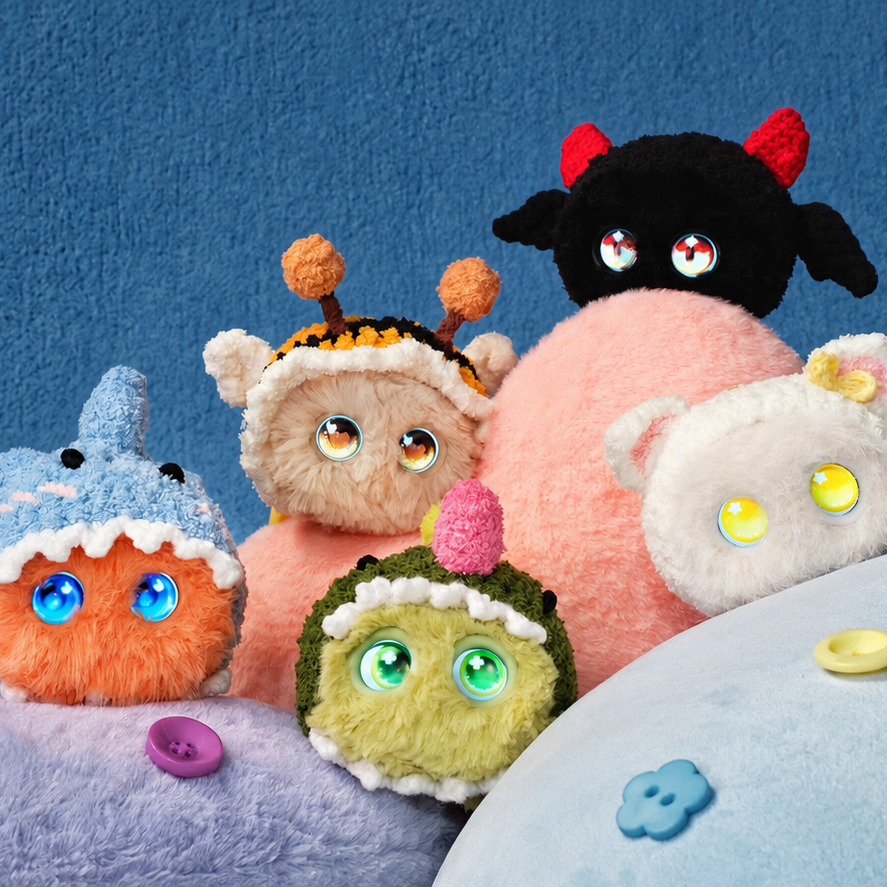 Five Fuzozos dressed in plush hats and outfits