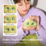 A person patting a green Fuzozo, with close-ups of its expressive eyes