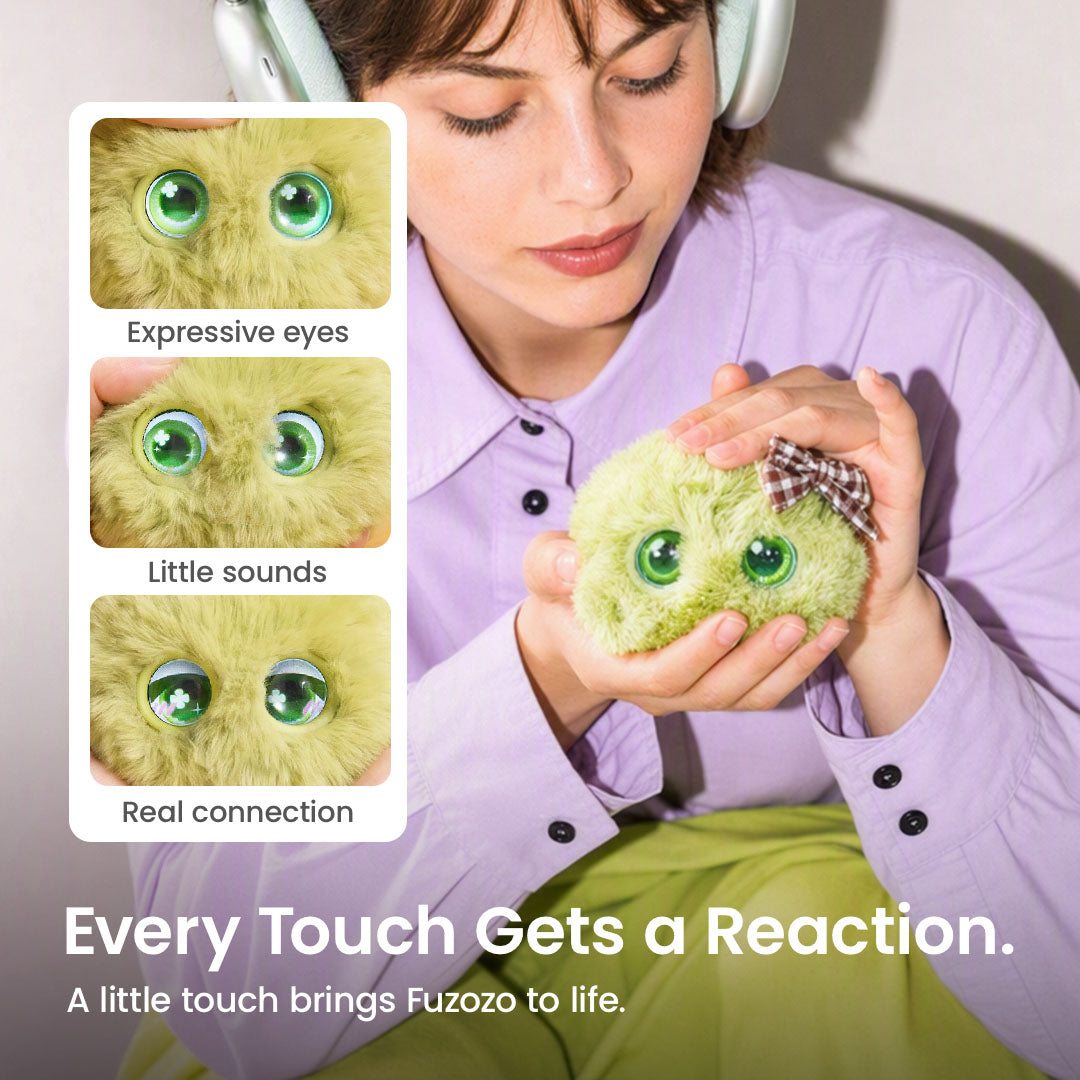 A person patting a green Fuzozo, with close-ups of its expressive eyes
