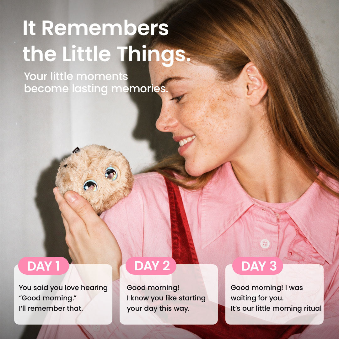 A person holding a beige Fuzozo, with an example of remembering a morning greeting