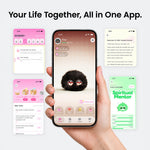 Fuzozo app screens showing the companion diary, daily tasks and personality