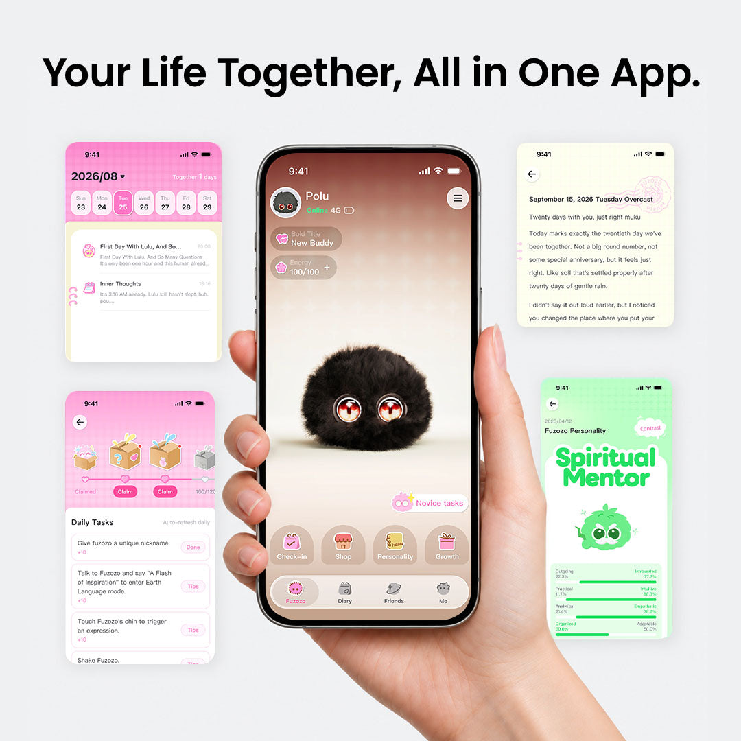 Fuzozo app screens showing the companion diary, daily tasks and personality
