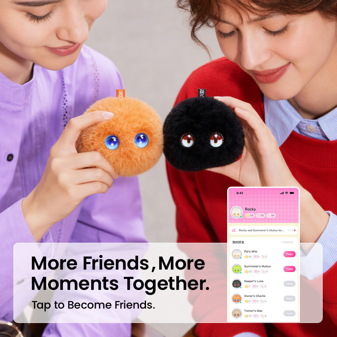 Two people holding orange and black Fuzozos, with the app's friends screen