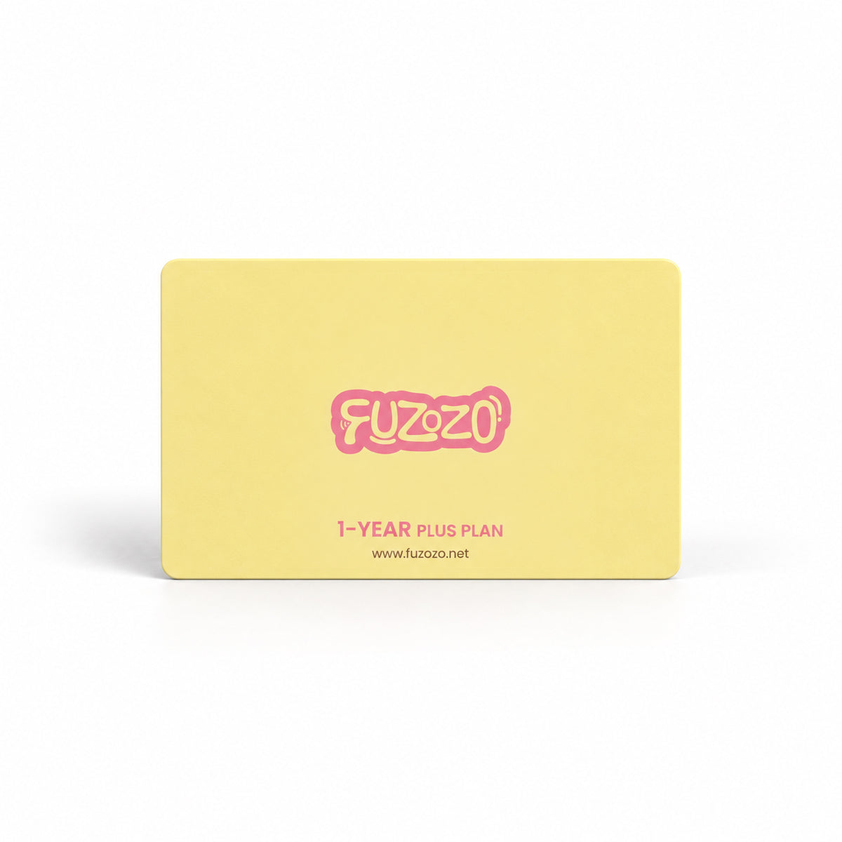 Front of the yellow Fuzozo one-year Plus Plan activation card