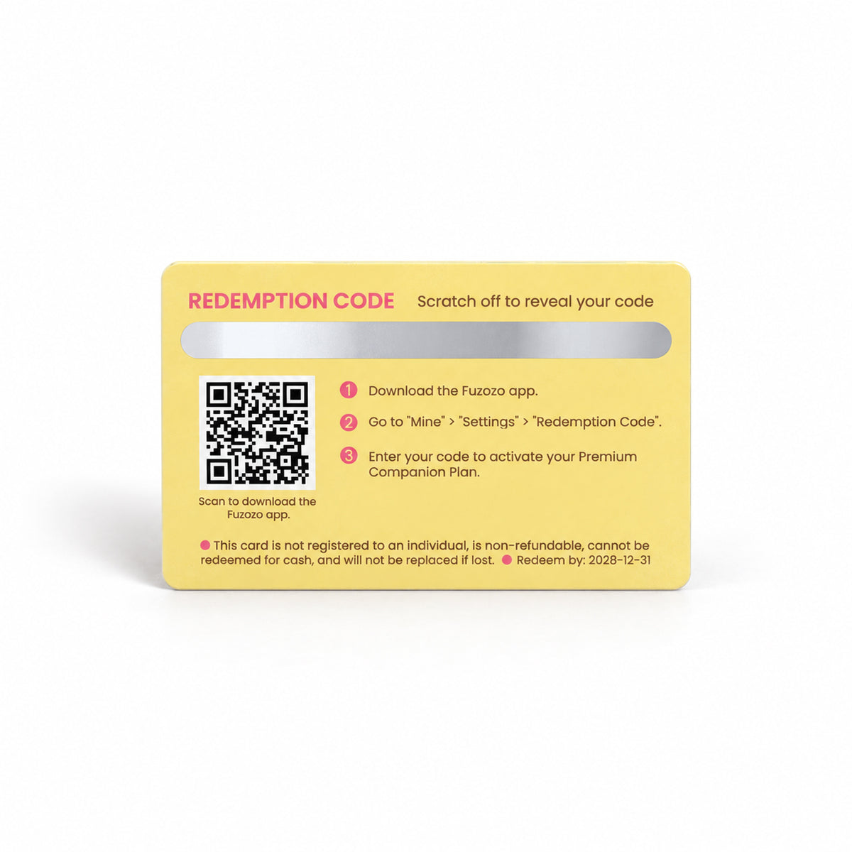 Back of the Fuzozo Plus Plan card with redemption instructions